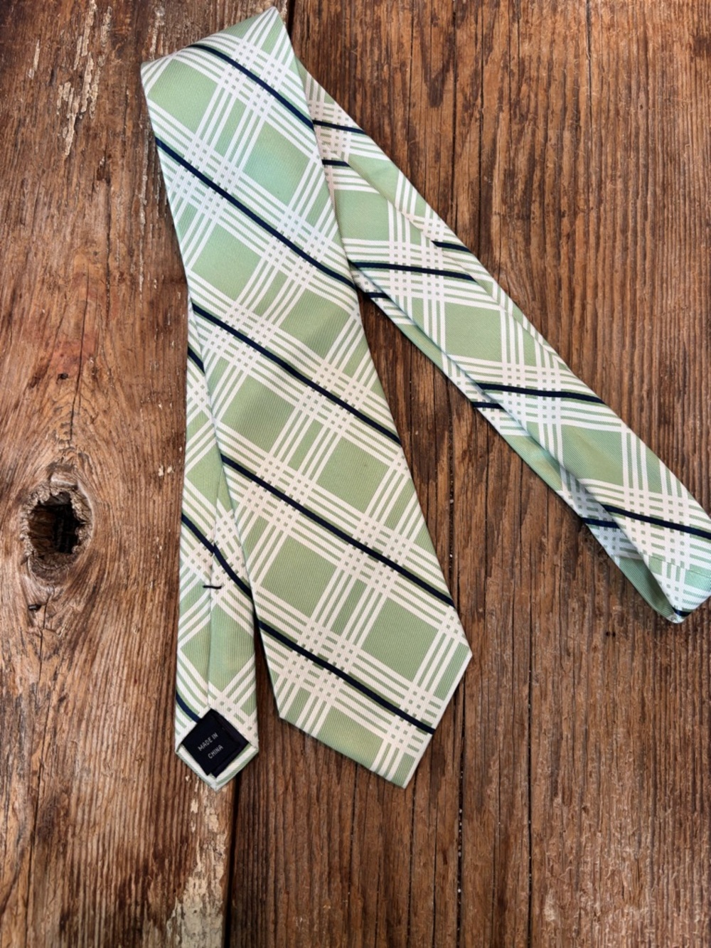 Izod Light Green Plaid Men's Tie with White and Navy Accents